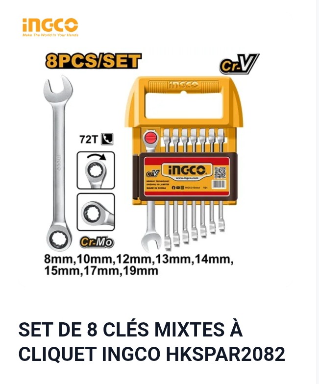 SET DE 8 CLÉS MIXTES À CLIQUET INGCO HKSPAR2082