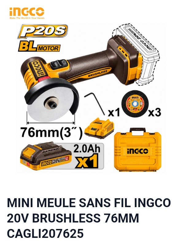 MINI MEULE SANS FIL INGCO 20V BRUSHLESS 76MM CAGLI207625