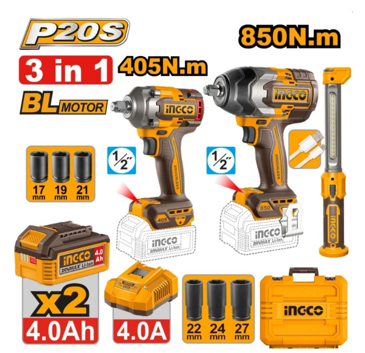 Kit clé à choc INGCO 20V -450N.m+850N.m