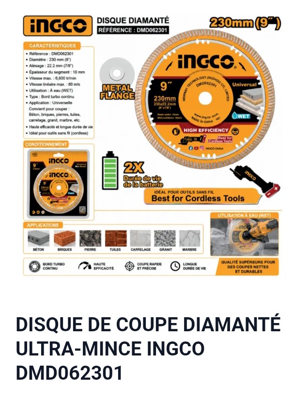 DISQUE DE COUPE DIAMANT ULTRA-MINCE INGCO DMD062301