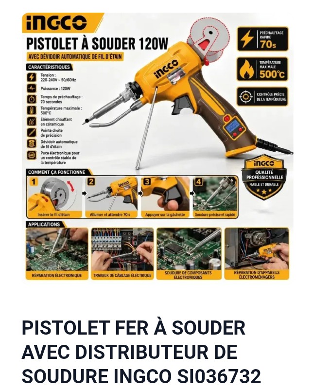 PISTOLET FER À SOUDER AVEC DISTRIBUTEUR DE SOUDURE INGCO SI036732