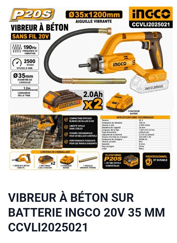 VIBREUR À BÉTON SUR BATTERIE INGCO 20V 35 MM CCVLI2025021