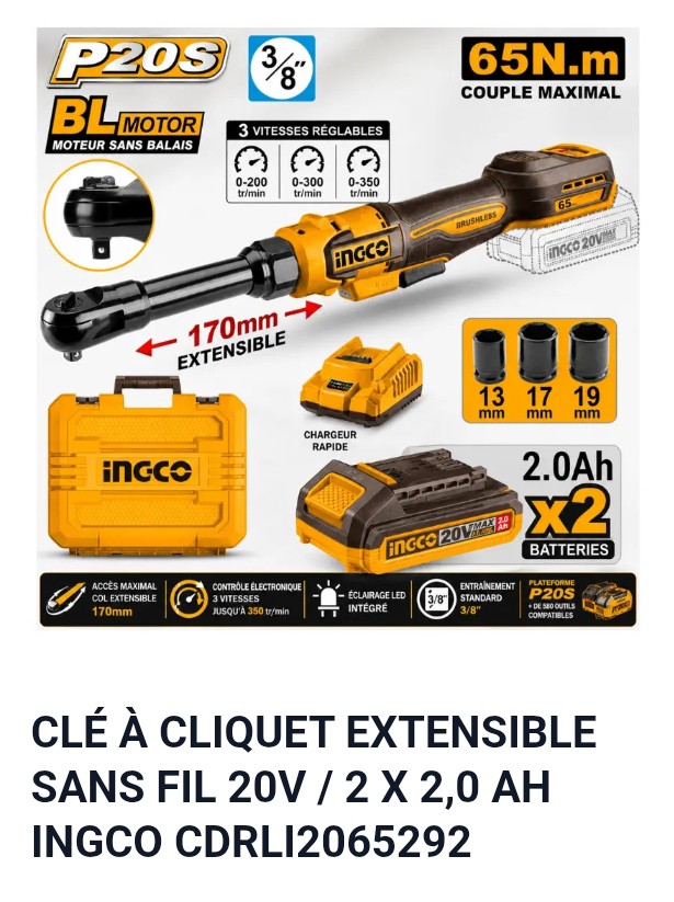 CLÉ À CLIQUET EXTENSIBLE SANS FIL 20V/2 X2,0 AH INGCO CDRLI2065292