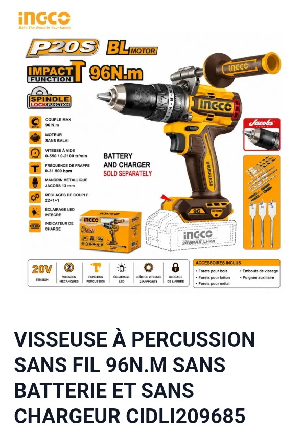 VISSEUSE À PERCUSSION SANS FIL 96N.M SANS BATTERIE ET SANS CHARGEUR CIDLI209685