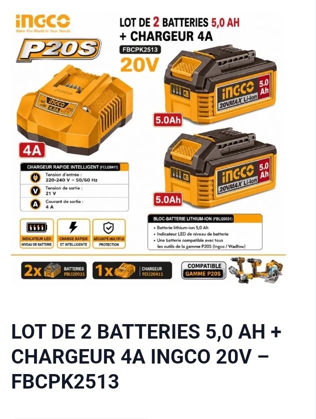 LOT DE 2 BATTERIES 5,0 AH+ CHARGEUR 4A INGCO 20V- FBCPK2513