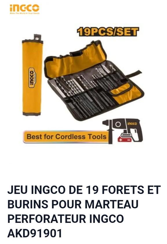 JEU INGCO DE 19 FORETS ET BURINS POUR MARTEAU PERFORATEUR INGCO AKD91901