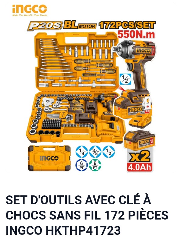 SET D'OUTILS AVEC CLÉ À CHOCS SANS FIL 172 PIÈCES INGCO HKTHP41723