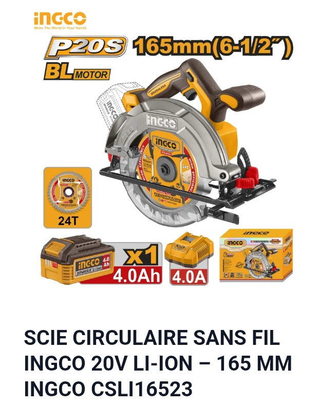 SCIE CIRCULAIRE SANS FIL INGCO 20V LI-ION -165 MM INGCO CSLI16523