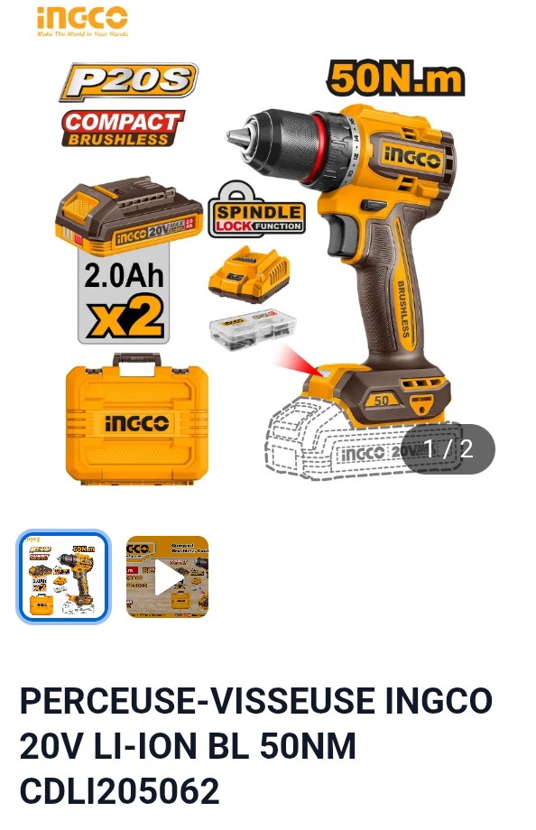 PERCEUSE VISSEUSE INGCO 20V LI-ION BL 50MM CDLI205062
