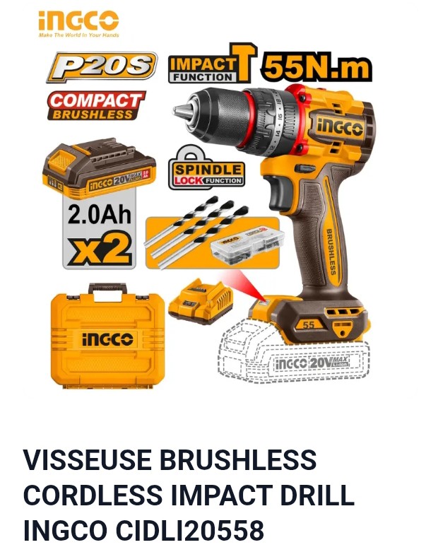 VISSEUSE BRUSHLESS CARD LESS IMPACT DRILL INGCO CIDLI20558