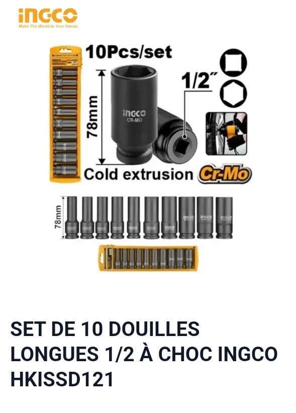 SET DE 10 DOUILLES LONGUES 1/2 À CHOC INGCO HKISSD121