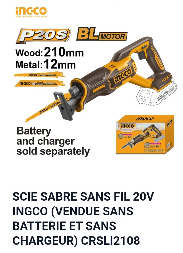 SCIE SABRE SANS FIL 20V INGCO (VENDUE SANS BATTERIE ET SANS CHARGEUR) CRSLI2108