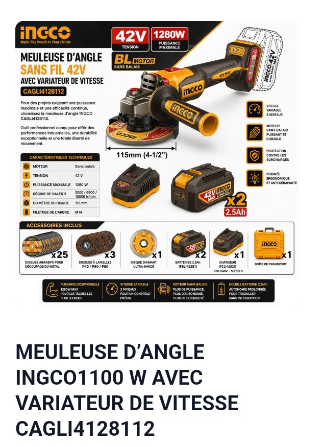 MEULEUSE D'ANGLE INGCO 1100 W AVEC VARIATEUR DE VITESSE CAGLI4128112