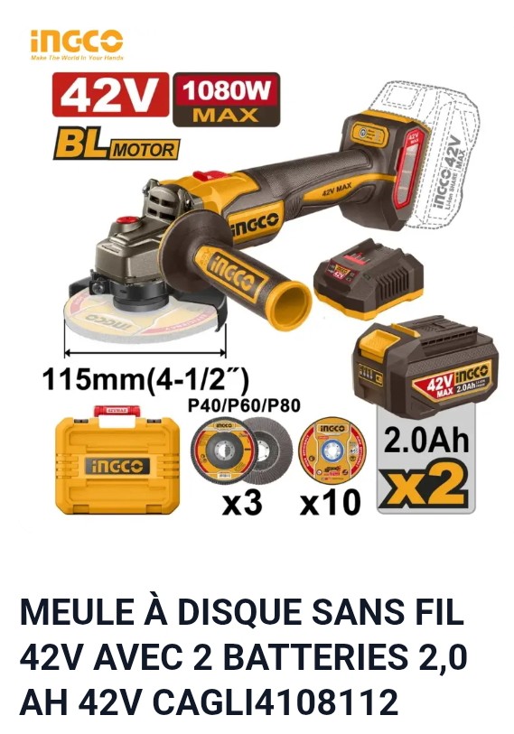 MEULE A DISQUE SANS FIL 42V AVEC 2 BATTERIES 2,0 AH 42V CAGLI4108112