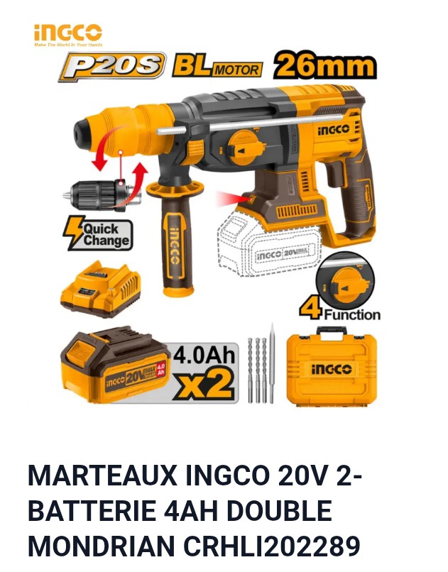 MARTEAUX INGCO 20V 2-BATTERIE 4AH DOUBLE MANDARIN CRHLI202289